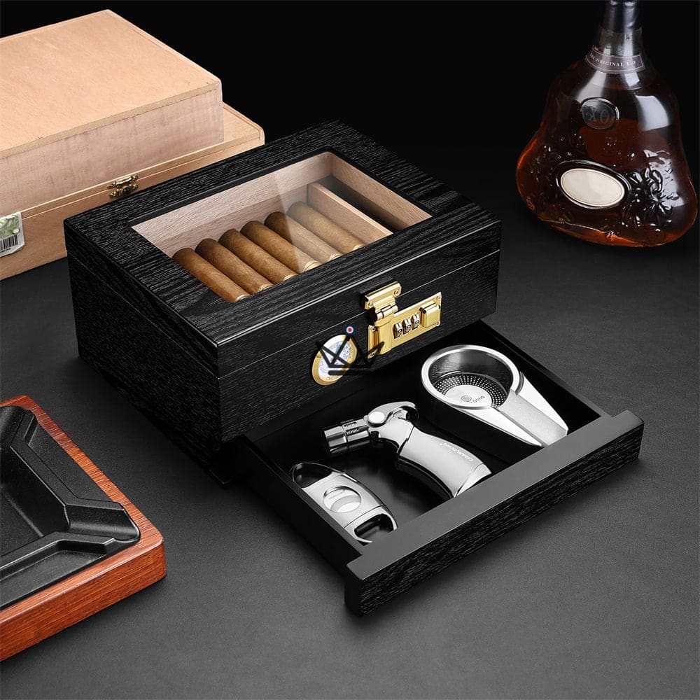 Enigma Moon Humidor — cedar, glass top, secure code, drawer, 30 cigars | Solo or Orion (ashtray, lighter, cutter) — Orion