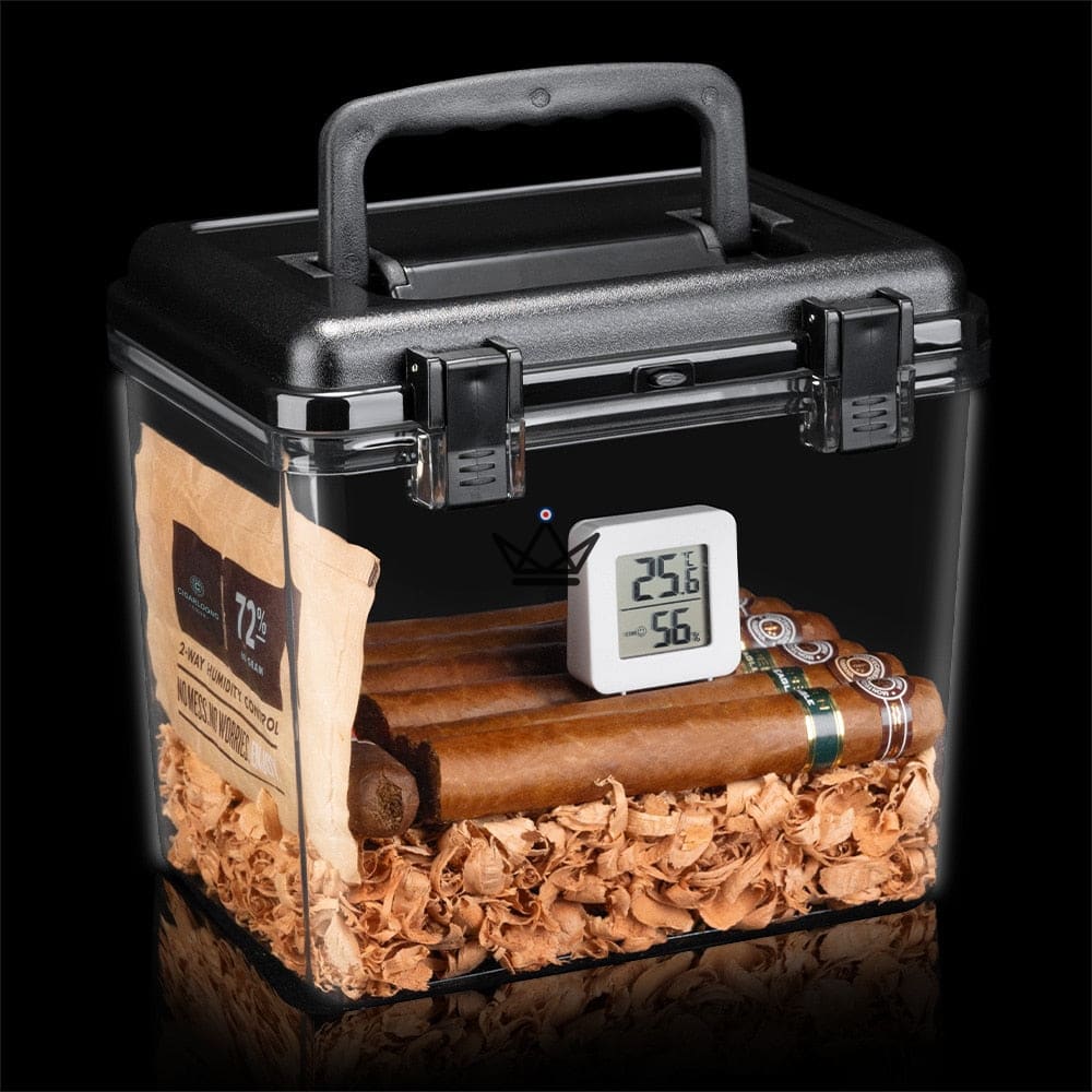 Kristall-Zigarrenhumidor, quadratisch – transparentes Acryl, schwarzer oder silberner luftdichter Deckel, Grösse M oder L, 50 bis 100 Zigarren Kristall-Zigarrenhumidor, quadratisch – transparentes Acryl, schwarzer oder silberner luftdichter Deckel, Grösse M oder L, 50 bis 100 Zigarren
