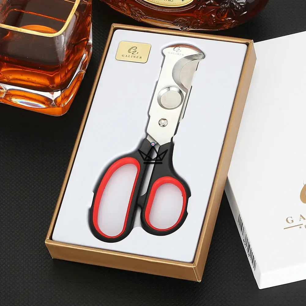 Zigarrenschere Virtuose — Edelstahl, Schere + Lochstanze 15 mm, Bi-Material-Griffe | Inklusive goldener Geschenkbox – Ansicht 3