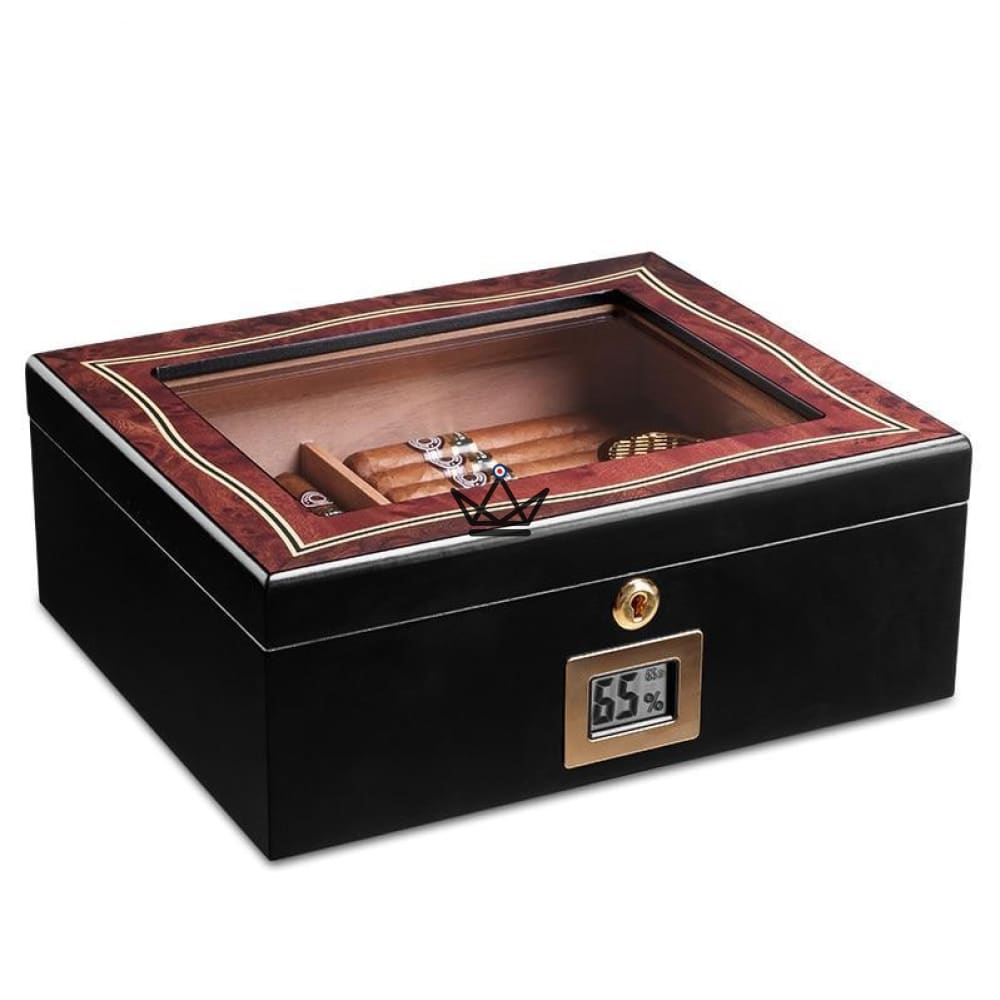 Humidor de cigarros CORLEON: cedro español, tapa de cristal, higrómetro digital en el frente, 50 cigarros Humidor de cigarros CORLEON: cedro español, tapa de cristal, higrómetro digital en el frente, 50 cigarros