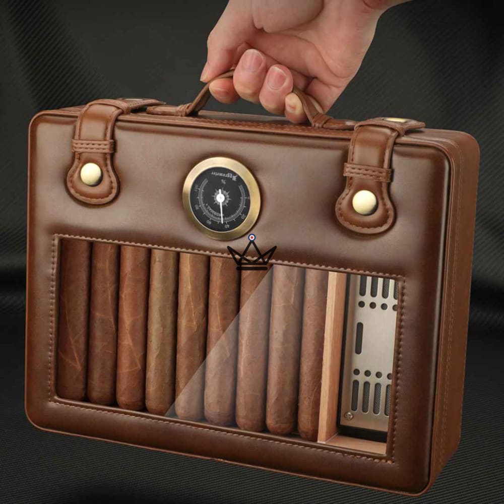 Prestige Traveler Cigar Humidor — Gold Brass, Spanish Cedar, 50 Cigars, Glass Top, Hygrometer & Crystal Humidifier — Vintage Cognac