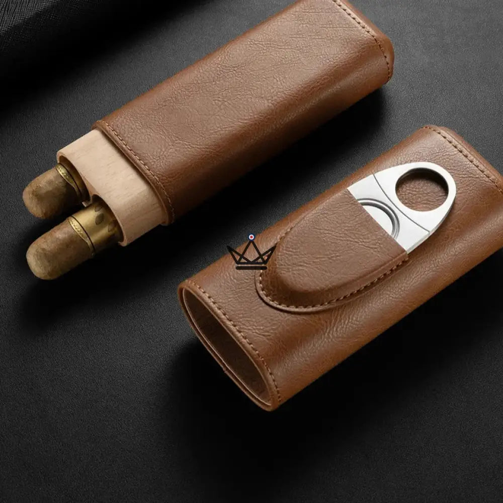 Mirlos Wood Cigar Case — Leather & Spanish Cedar, 2 or 3 Cigars, Cutter Included — 2 cigars / Coffee