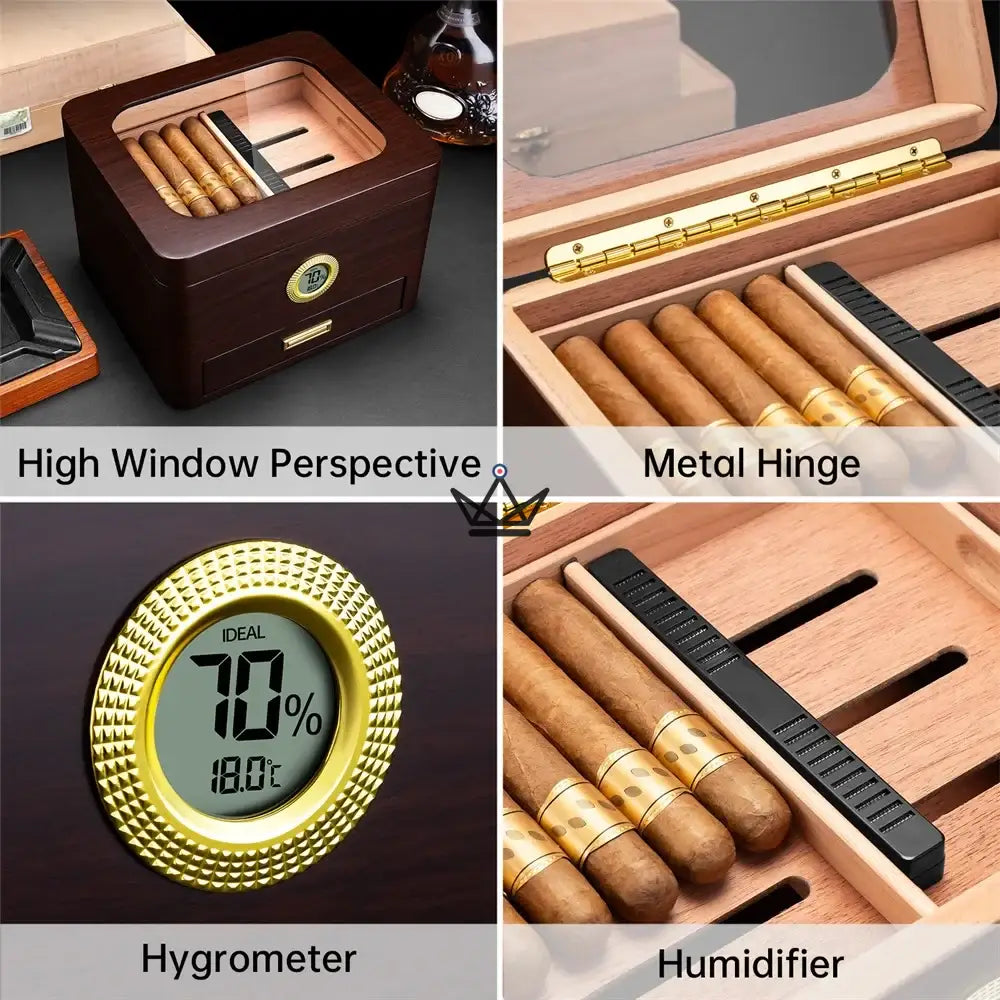 Equinox Humidor — Spanish Cedar, Gold Glass Top, 65 Cigars, Digital Hygrometer, Airtight Seal — view 9