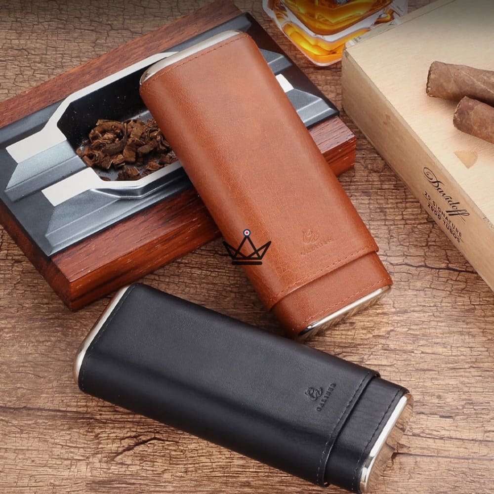 NEBOS Cigar Case – Leather & Cedar, 3-Cigar Capacity, Cigar Cutter Included — view 2