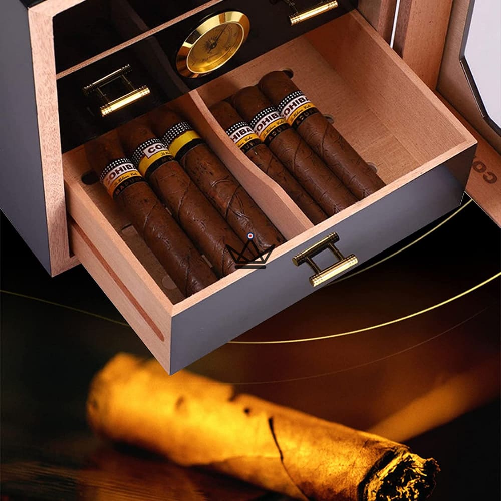 J.Hoover cigar humidor — black lacquer, glass door, Spanish cedar, 3 drawers, hygrometer, 80 cigars — view 2