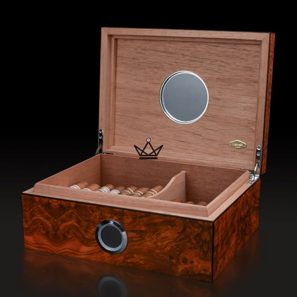 Humidor de cigarros Hublot Prestige Amber Mahogany: cedro español, ventana de vidrio templado, 50 cigarros, higrómetro digital y humidificador magnético