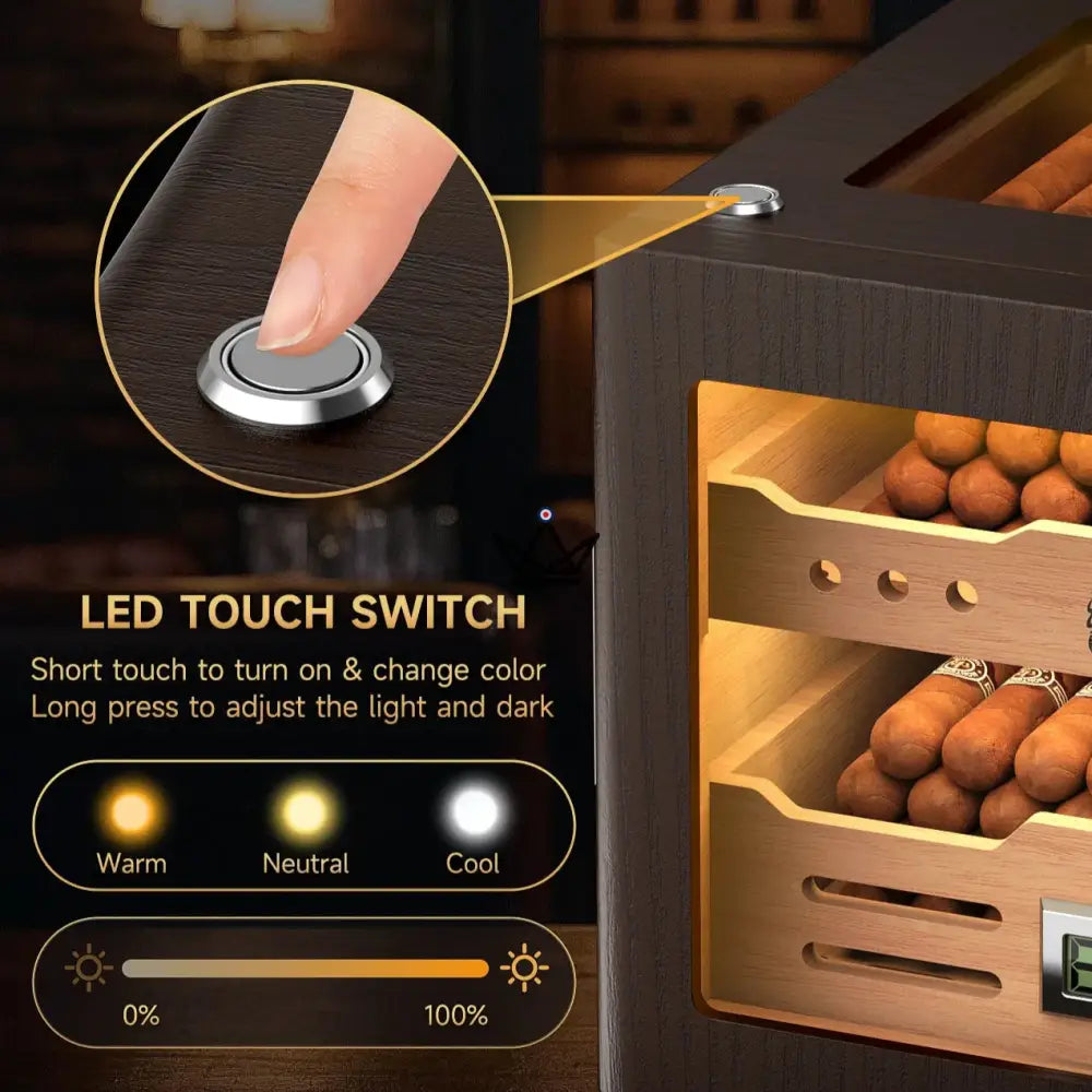 Zigarrenhumidor Dominion Legacy – spanische Zeder, Glasfront, 3-farbige Touch-LED, 100 Zigarren, Digitalhygrometer & 2 Gel-Befeuchter – Ansicht 5