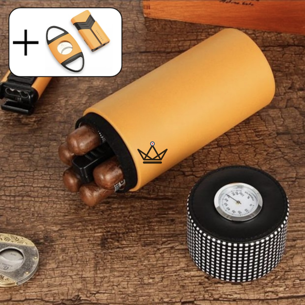 ORBAL PRIME Cigar Humidor — cylindrical leather & cedar, 5 to 10 cigars | hygrometer included — HELL
