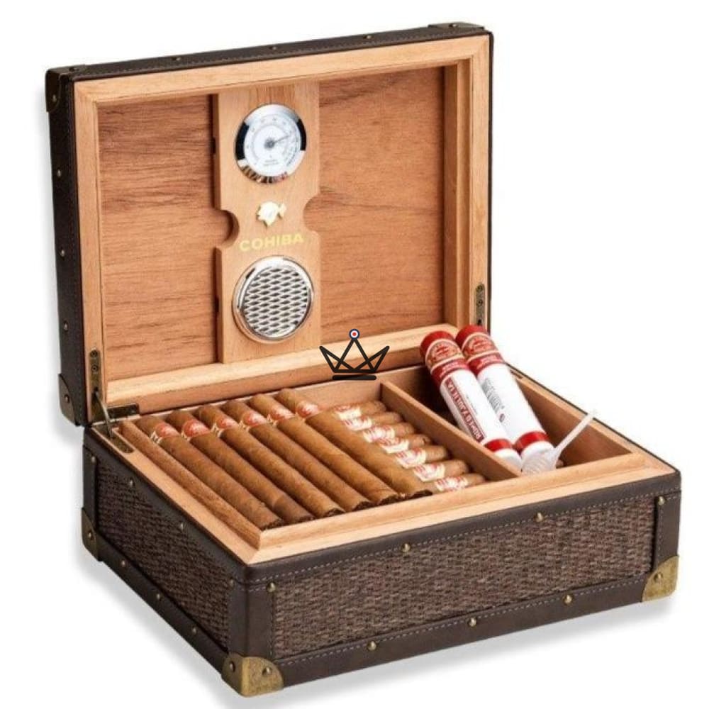 Humidor de cigarros ROTIN: piel de vaca tejida y cedro español, 50 cigarros | Rústico Humidor de cigarros ROTIN: piel de vaca tejida y cedro español, 50 cigarros | Rústico