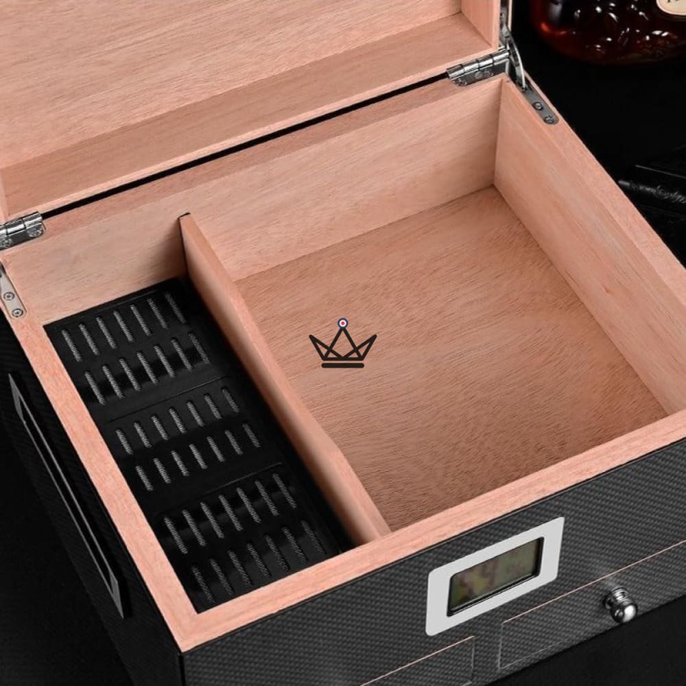 Humidor DUNE PRESTIGE — spanisches Zedernholz, Glasdeckel, 2 Schubladen, Digitalhygrometer, 60 Zigarren · Carbon oder Palisander – Ansicht 4