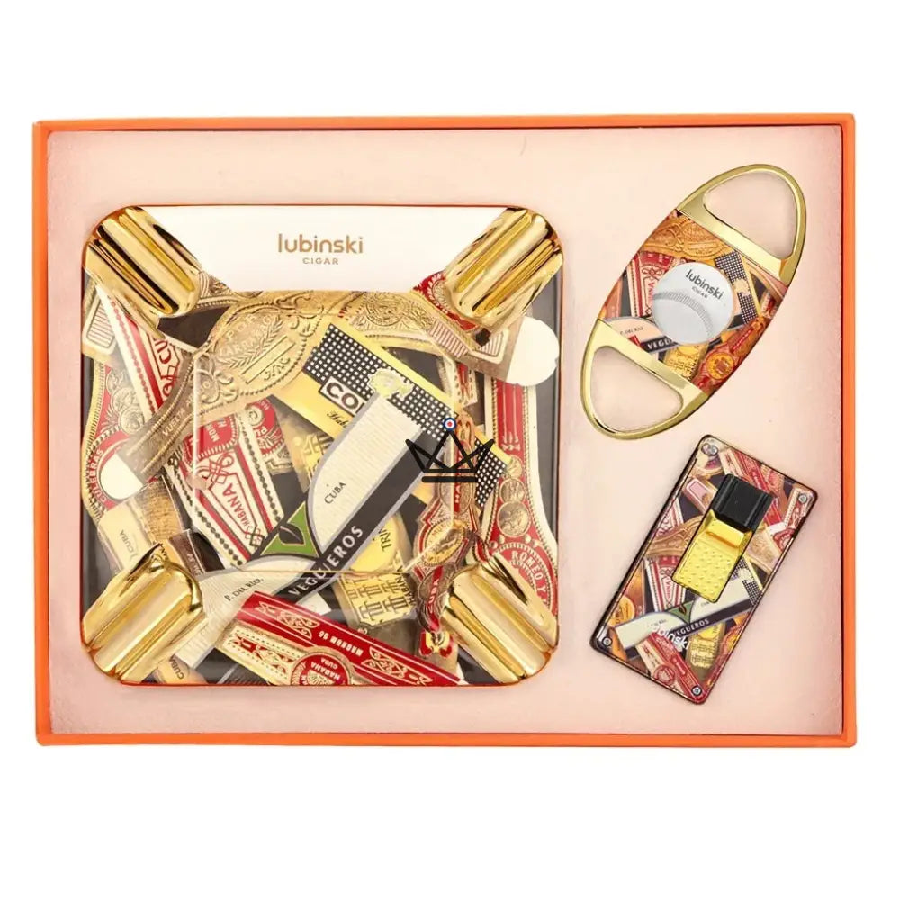 Zigarrenzubehör-Set Luxus MAESTRO STARS — Keramik-Aschenbecher + Feuerzeug + Cutter | Gold-Finish – Ansicht 5