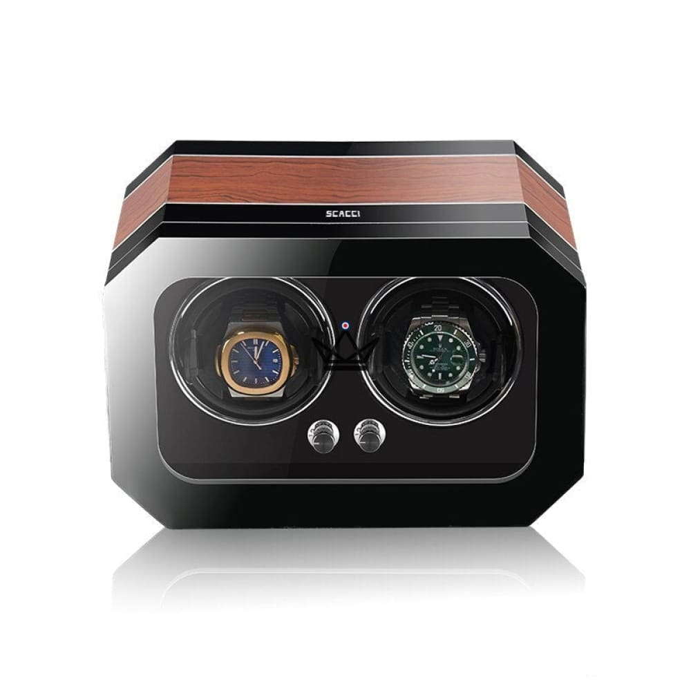Automatic Watch Winder HEXAGONE LUXE — Precious Wood, Leather, 2 to 6 Watches, 5 Modes — Brown / 2 Slots