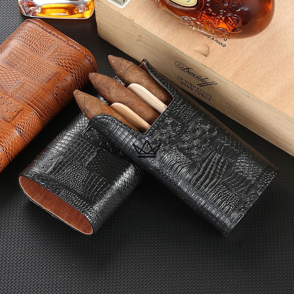 Krodilos Cigar Case — Genuine Croc-Pattern Leather, Spanish Cedar, 3 Cigars 22mm, Black or Brown — Black
