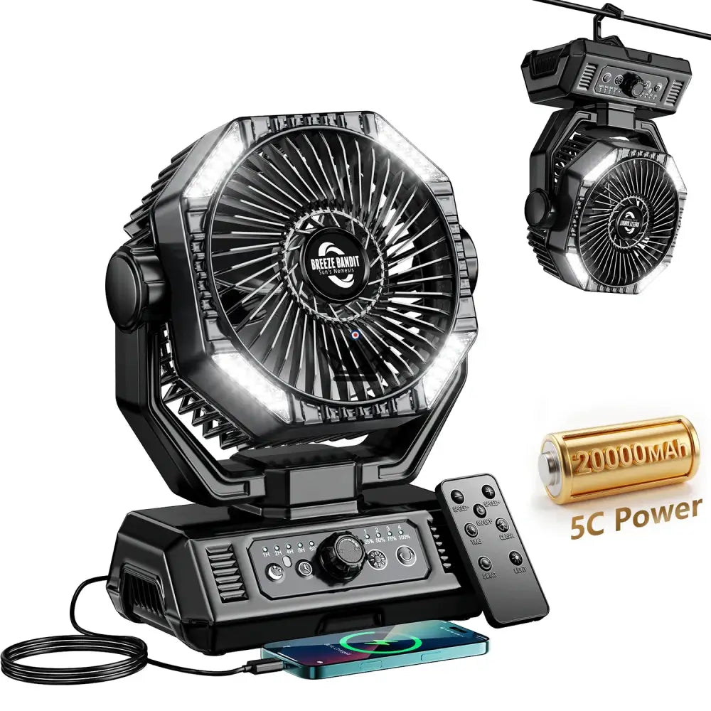 NOELY Portable Battery Fan — 20,000 mAh, LED & Power Bank — Black