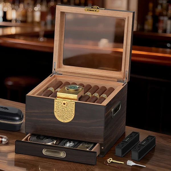 3-in-1 Keeper Heritage Set — Spanish cedar humidor with glass top, key lock, travel leather case, 2 airtight tubes, 50 cigars, digital hygrometer — view 8