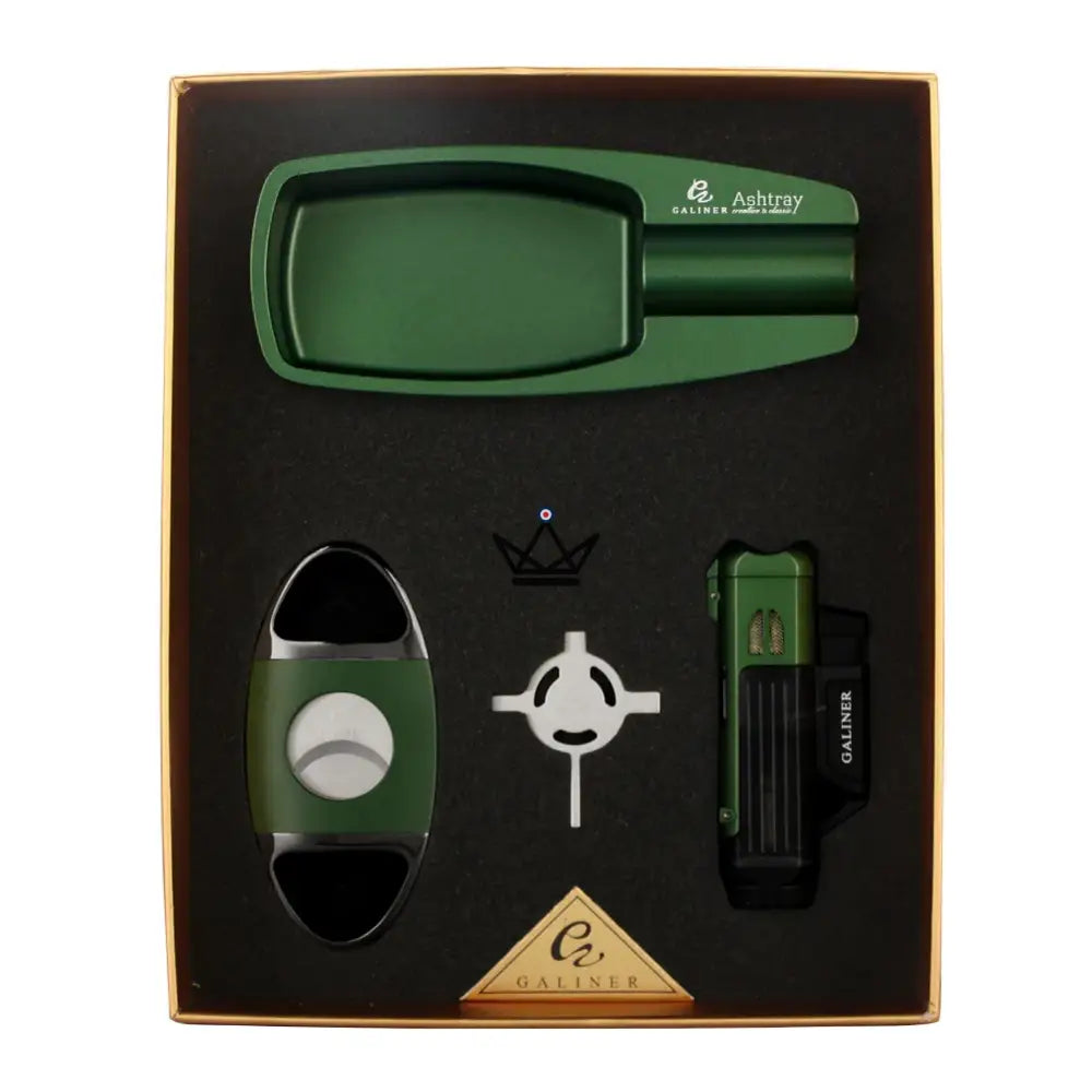 ALISTAIR Cigar Pack — Torch Lighter + Ashtray + Cigar Cutter | Green · Black · Yellow — Forest Green / Steel Edition