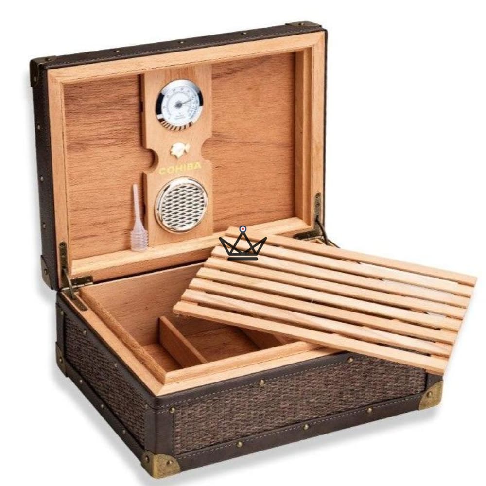 Zigarrenhumidor RATTAN — geflochtenes Rindsleder & spanische Zeder, 50 Zigarren | Rustikal – Ansicht 2