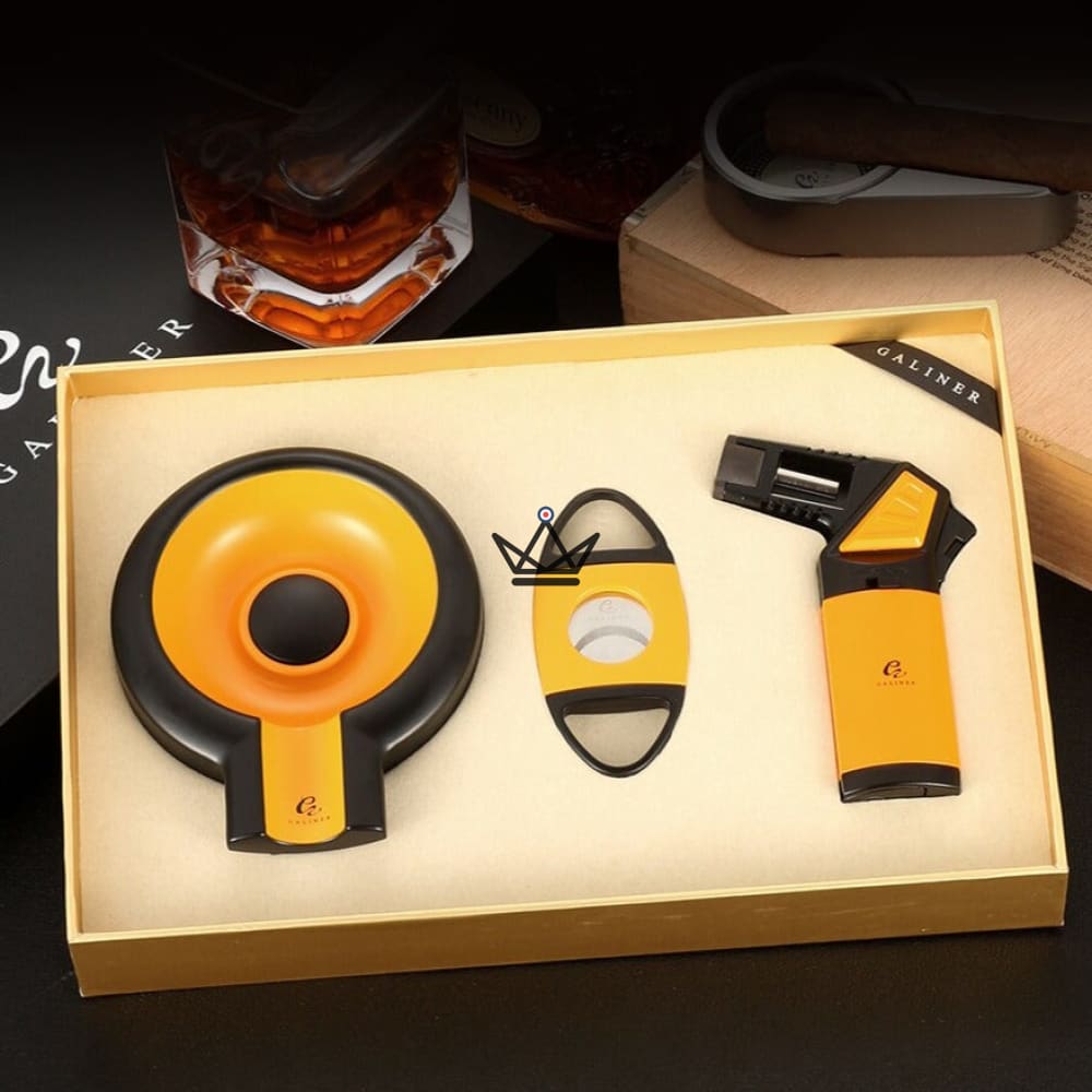 RITUS FUMI Cigar Lover's Gift Set — Torch Lighter + Ashtray + Stainless Steel Cigar Cutter — Yellow