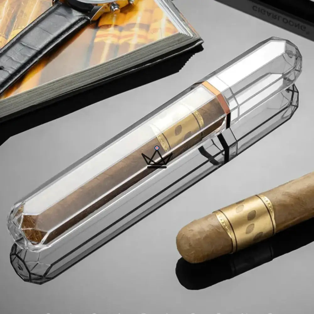 Tubo para cigarros acrílico de cristal facetado PRISM, octogonal, anillo dorado, 165 mm
