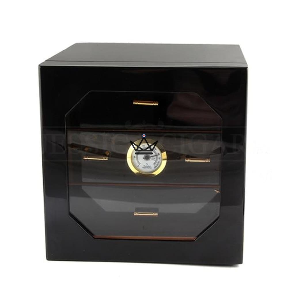 J.Hoover cigar humidor — black lacquer, glass door, Spanish cedar, 3 drawers, hygrometer, 80 cigars — view 4