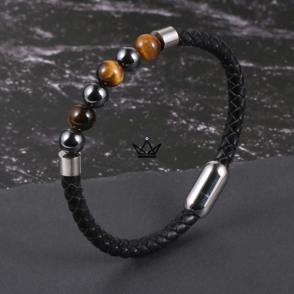 Pulsera de Perlas de Cuero - Cuero Trenzado y Piedras Naturales - 10 Piedras