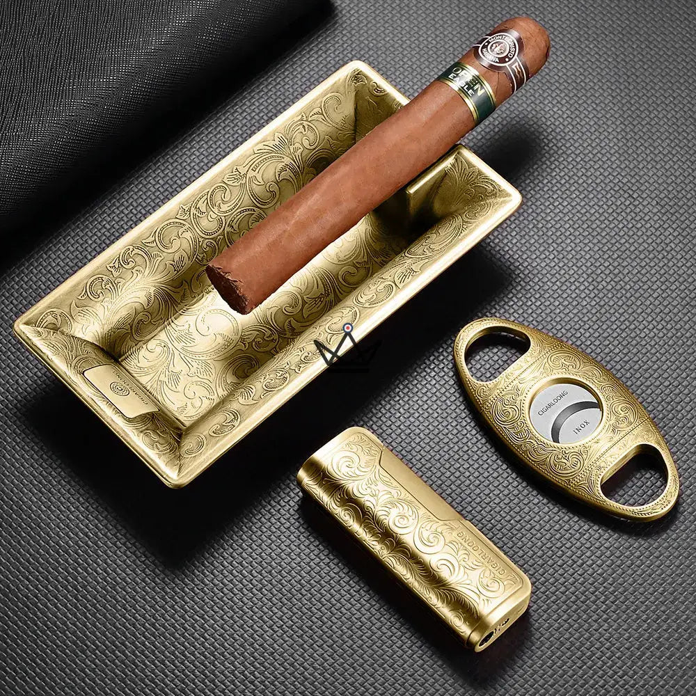 Incisum Heritage Cigar Box – Lighter + Cigar Cutter + Baroque Engraved Ashtray | Gold · Copper · Silver — Royal Gold