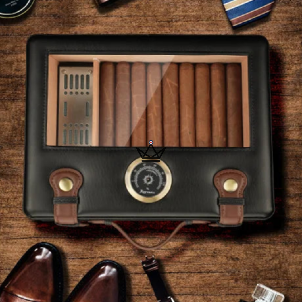 Prestige Traveler Cigar Humidor — Gold Brass, Spanish Cedar, 50 Cigars, Glass Top, Hygrometer & Crystal Humidifier — view 1