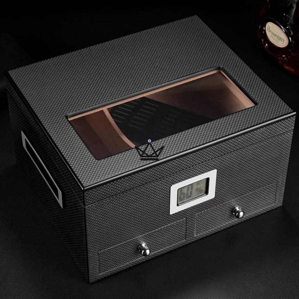 DUNE PRESTIGE Cigar Humidor — Spanish Cedar, Glass Lid, 2 Drawers, Digital Hygrometer, 60 Cigars · Carbon or Rose Wood — view 2