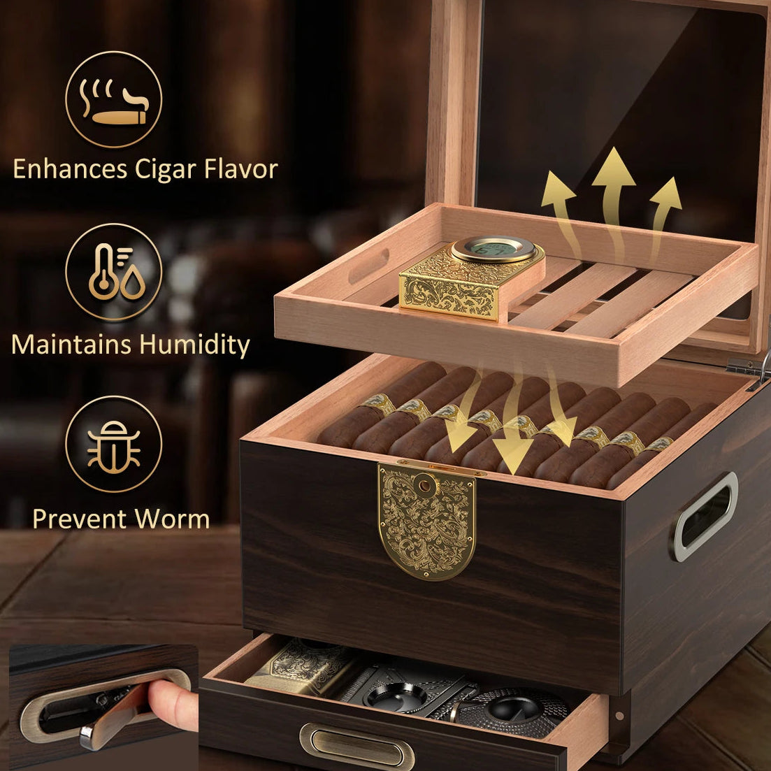 Set 3-en-1 Keeper Heritage — cave cèdre espagnol vitrée, serrure clé, étui cuir voyage, 2 tubes hermétiques, 50 cigares, hygromètre digital — image 7