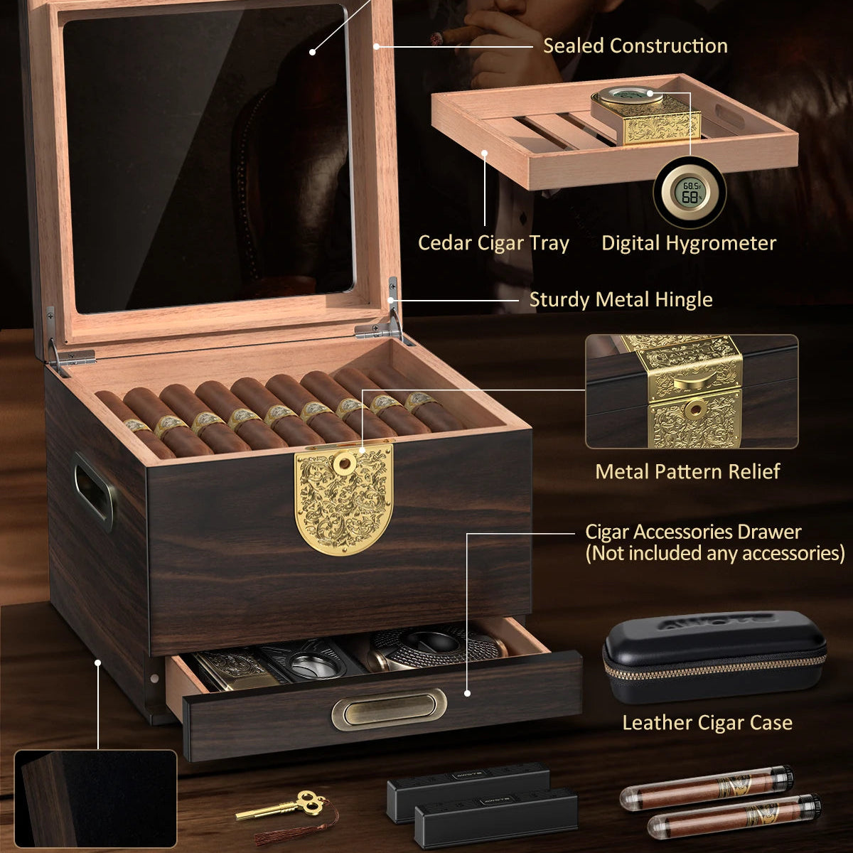 Set 3-en-1 Keeper Heritage — cave cèdre espagnol vitrée, serrure clé, étui cuir voyage, 2 tubes hermétiques, 50 cigares, hygromètre digital — image 6