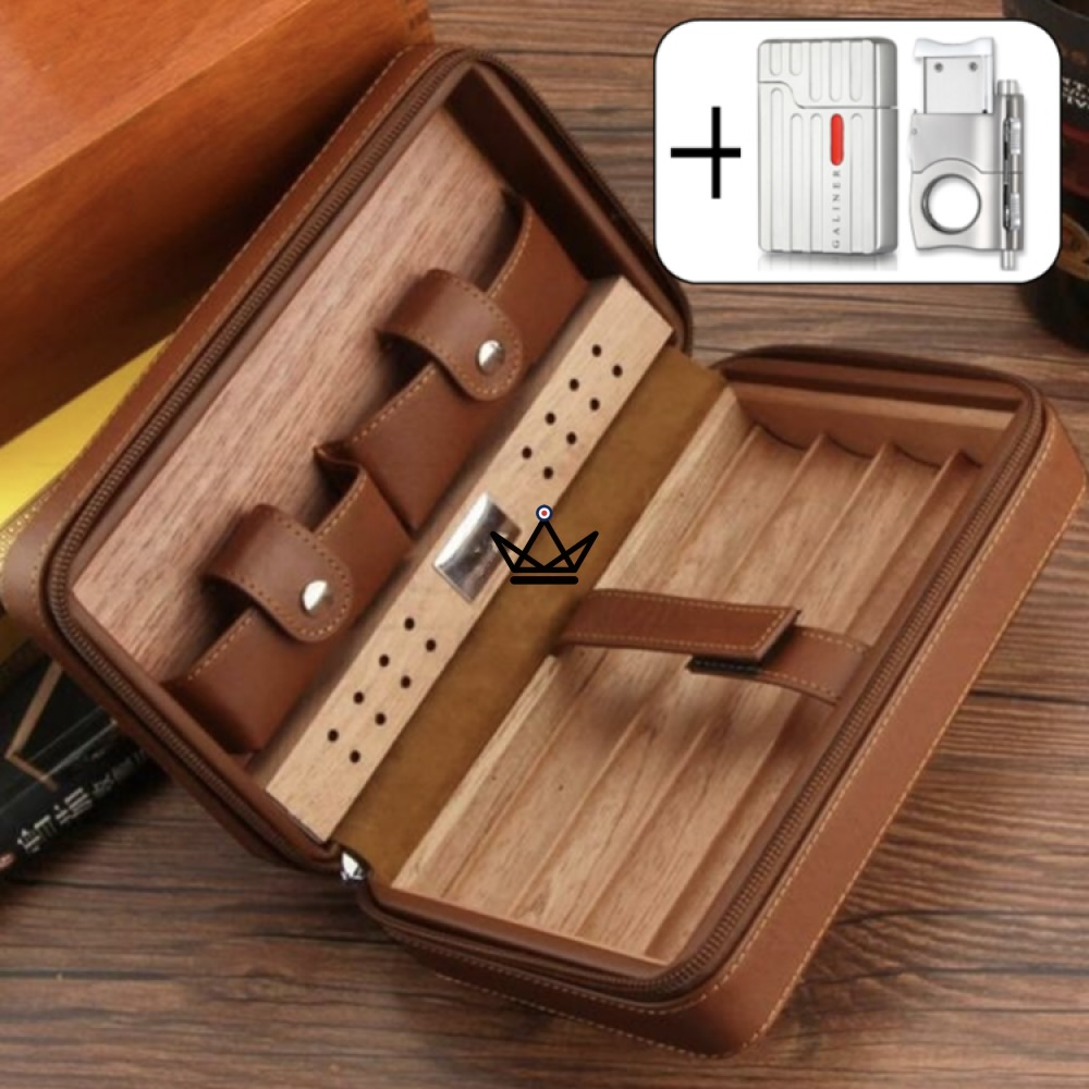 Leather & Cedar Travel Humidor — 5 Cigars | Prime Style — Brown / IgnitionPro
