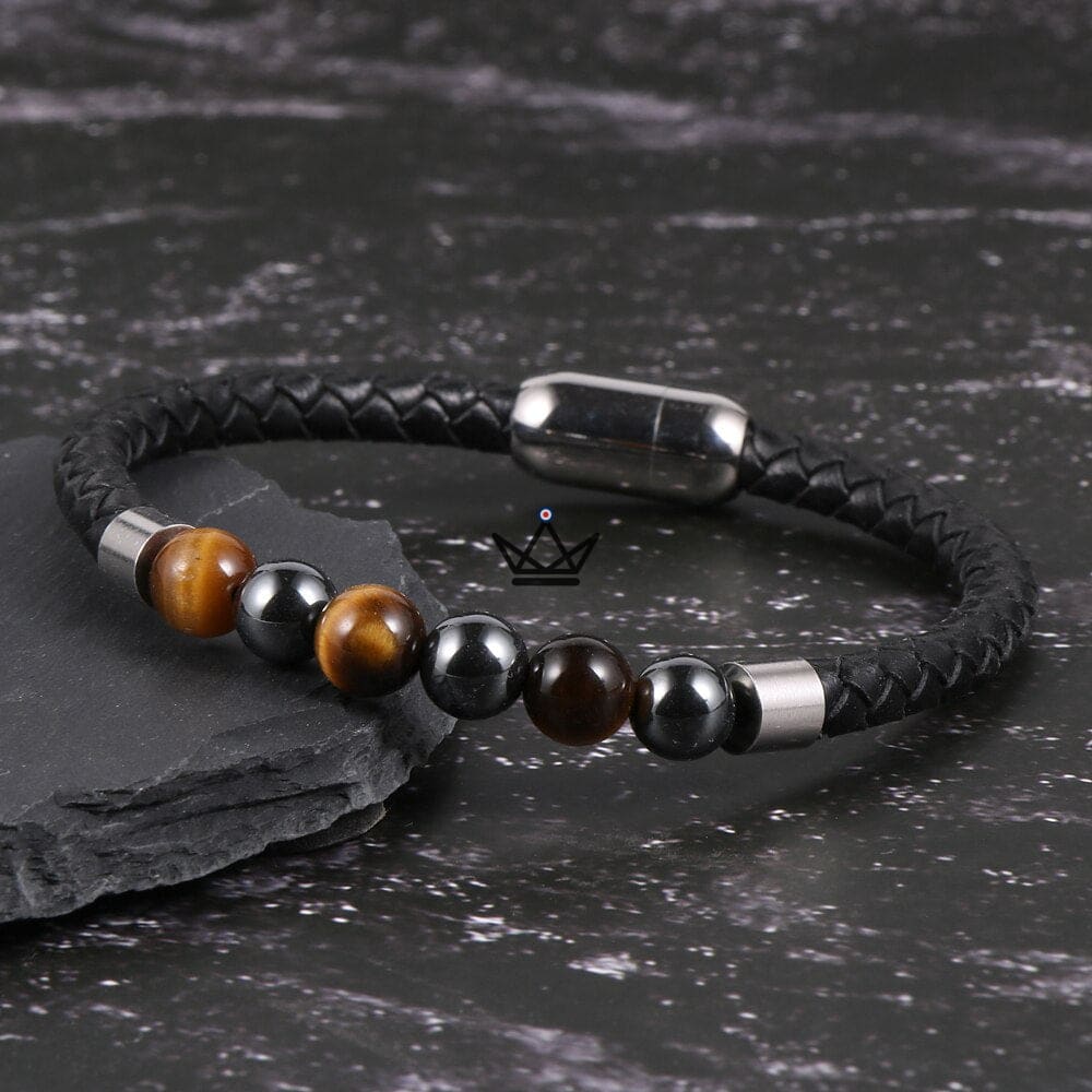Lederperlenarmband – Geflochtenes Leder & Natursteine – 10 Steine – Ansicht 7