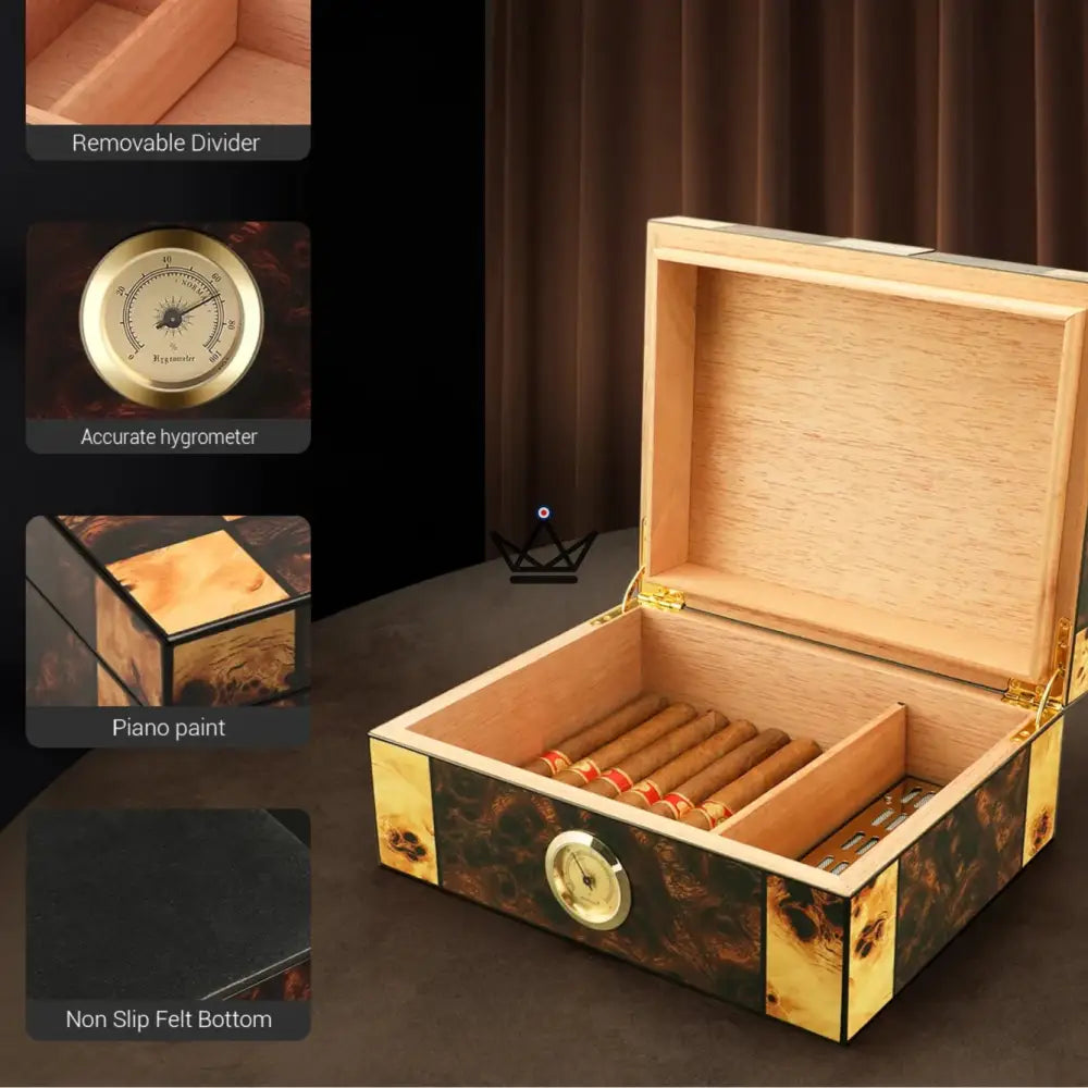Zigarren-Humidor CheckMate – Klavierlack-Edelholzfurnier, spanisches Zedernholz, 65 Zigarren, herausnehmbarer Teiler, Hygrometer & Befeuchter – Ansicht 2