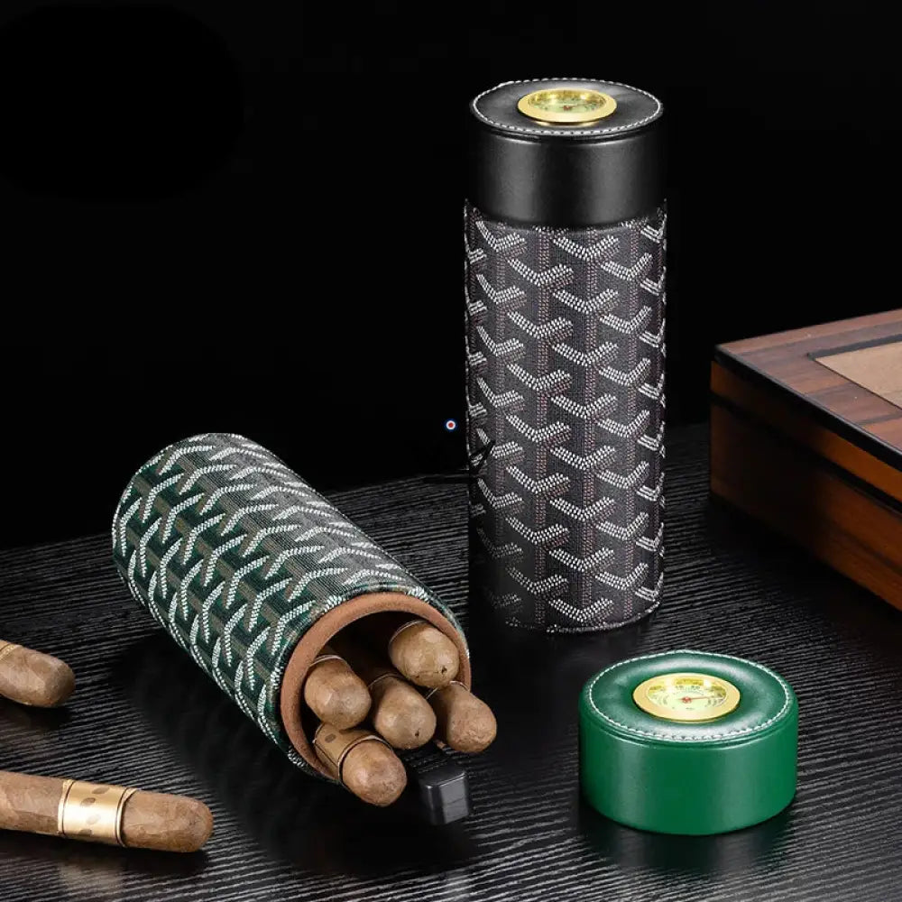 Humidor cilíndrico ORBAL Alpine: cuero chevron, higrómetro y humidificador, de 5 a 10 cigarros Humidor cilíndrico ORBAL Alpine: cuero chevron, higrómetro y humidificador, de 5 a 10 cigarros