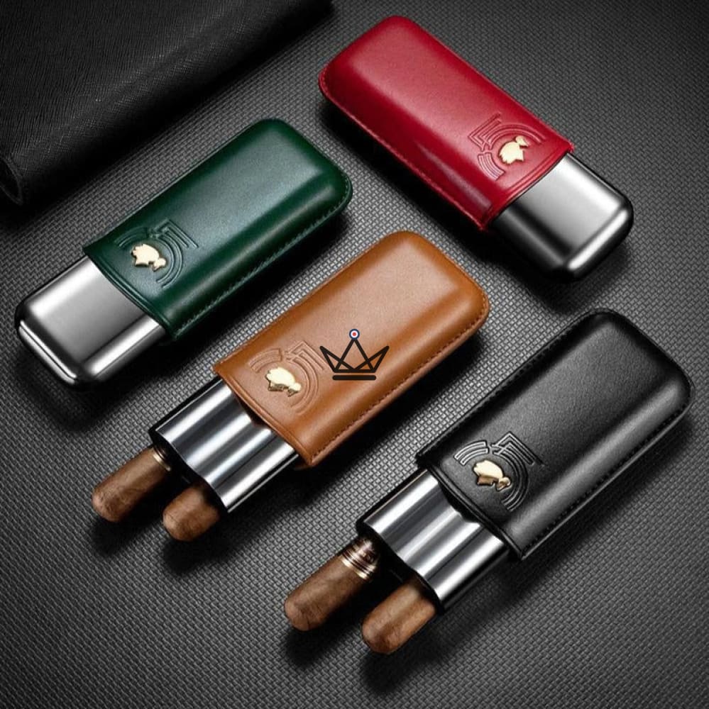 SAVOY 50' Edition Zigarrenetui — genarbtes Leder & Edelstahl, geprägtes Motiv, 2 Zigarren SAVOY 50' Edition Zigarrenetui — genarbtes Leder & Edelstahl, geprägtes Motiv, 2 Zigarren