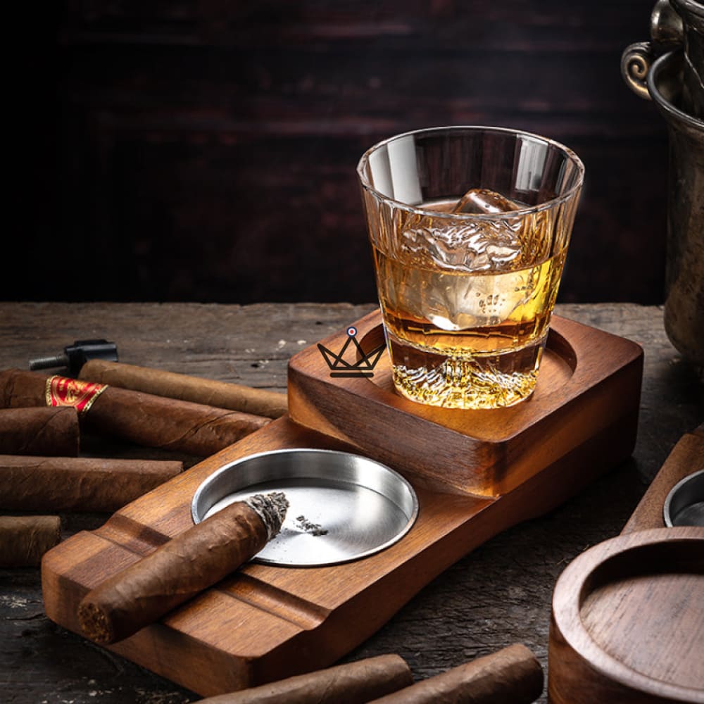 Whiskey Wood Ashtray — wood & aluminum, whiskey glass holder & cigar compartment — view 2