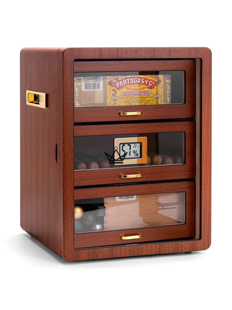 Humidor de cigarros NOCTURIS: lacado piano, cedro español, 3 cajones de vidrio chapado en oro, ~100 cigarros, nogal o chablis Humidor de cigarros NOCTURIS: lacado piano, cedro español, 3 cajones de vidrio chapado en oro, ~100 cigarros, nogal o chablis