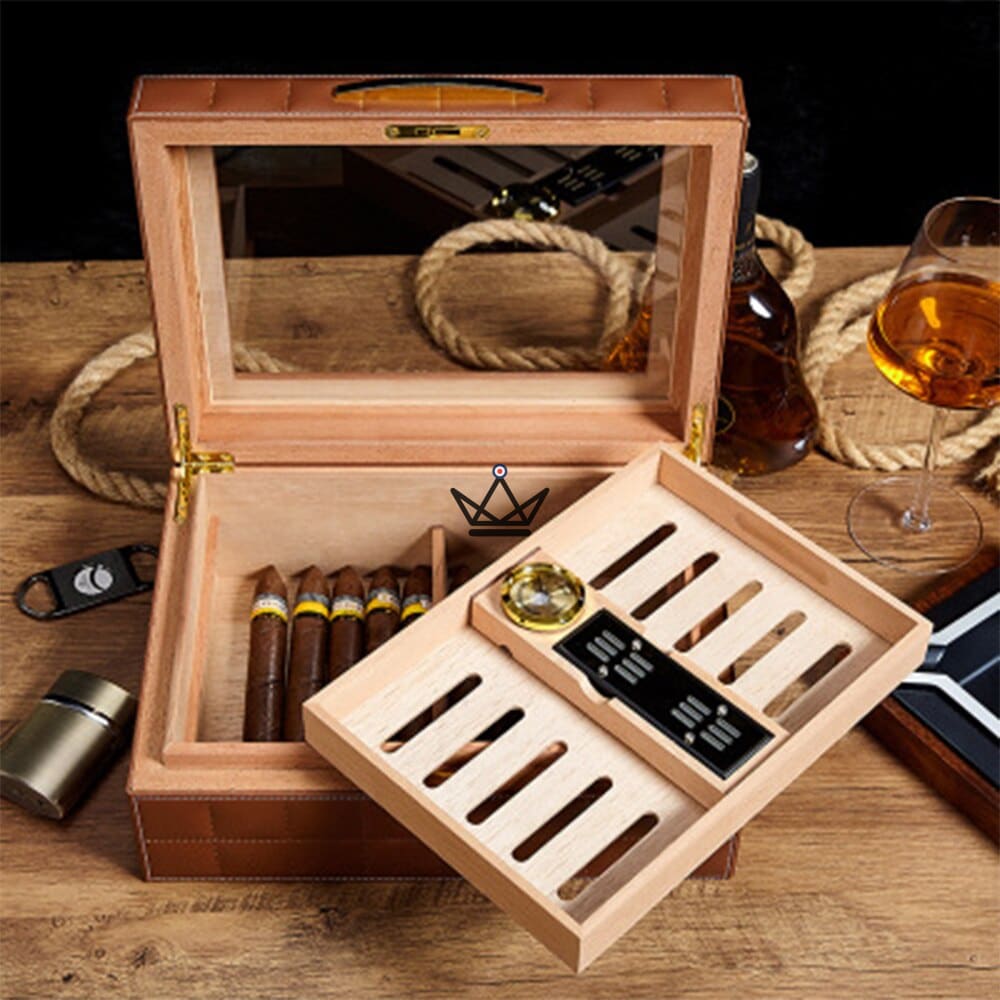 Norton Edition Cigar Humidor — Quilted Genuine Leather, 4 Colors, Cedar, Tray & Dividers, 50-60 Cigars — view 14