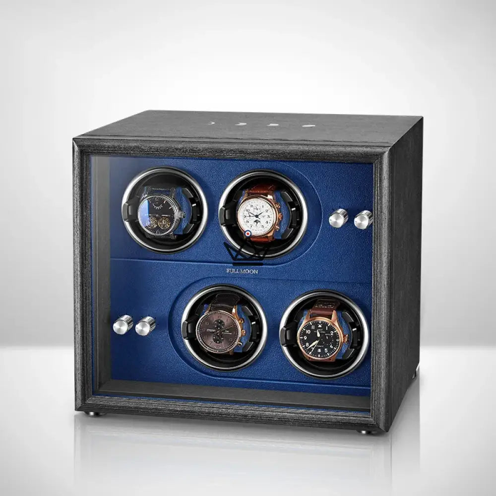 Automatic Watch Winder FULL MOON — Moon Phases, LED, Anti-Magnetic, 2 or 4 Watches — 4 Pitches / Blue