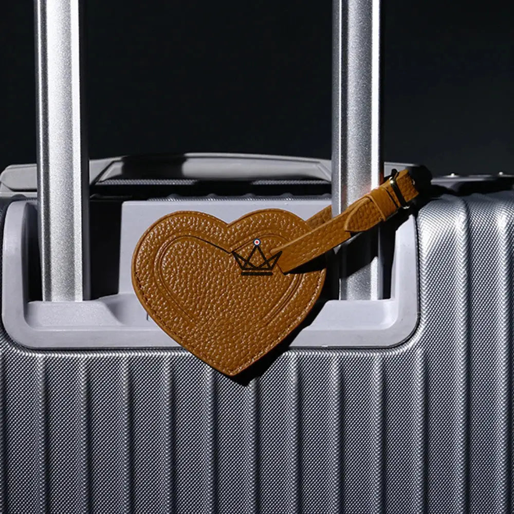 Customizable Leather Luggage Tag – Voyageur Crest — Heart 🖤 / Natural Camel