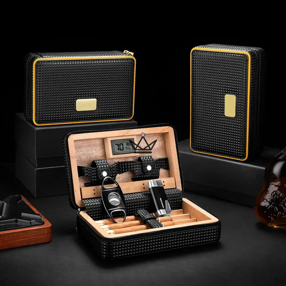 SIGNATURE STYLE Travel Humidor — black silicone leather, Spanish cedar, 5 cigars, digital hygrometer, Solo or Vargas Pack — view 1