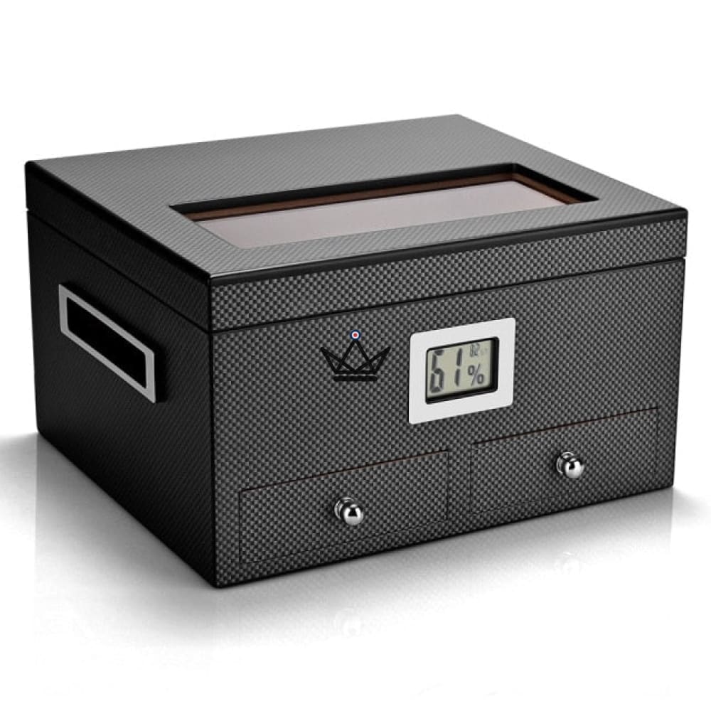 DUNE PRESTIGE Cigar Humidor — Spanish Cedar, Glass Lid, 2 Drawers, Digital Hygrometer, 60 Cigars · Carbon or Rose Wood — view 8