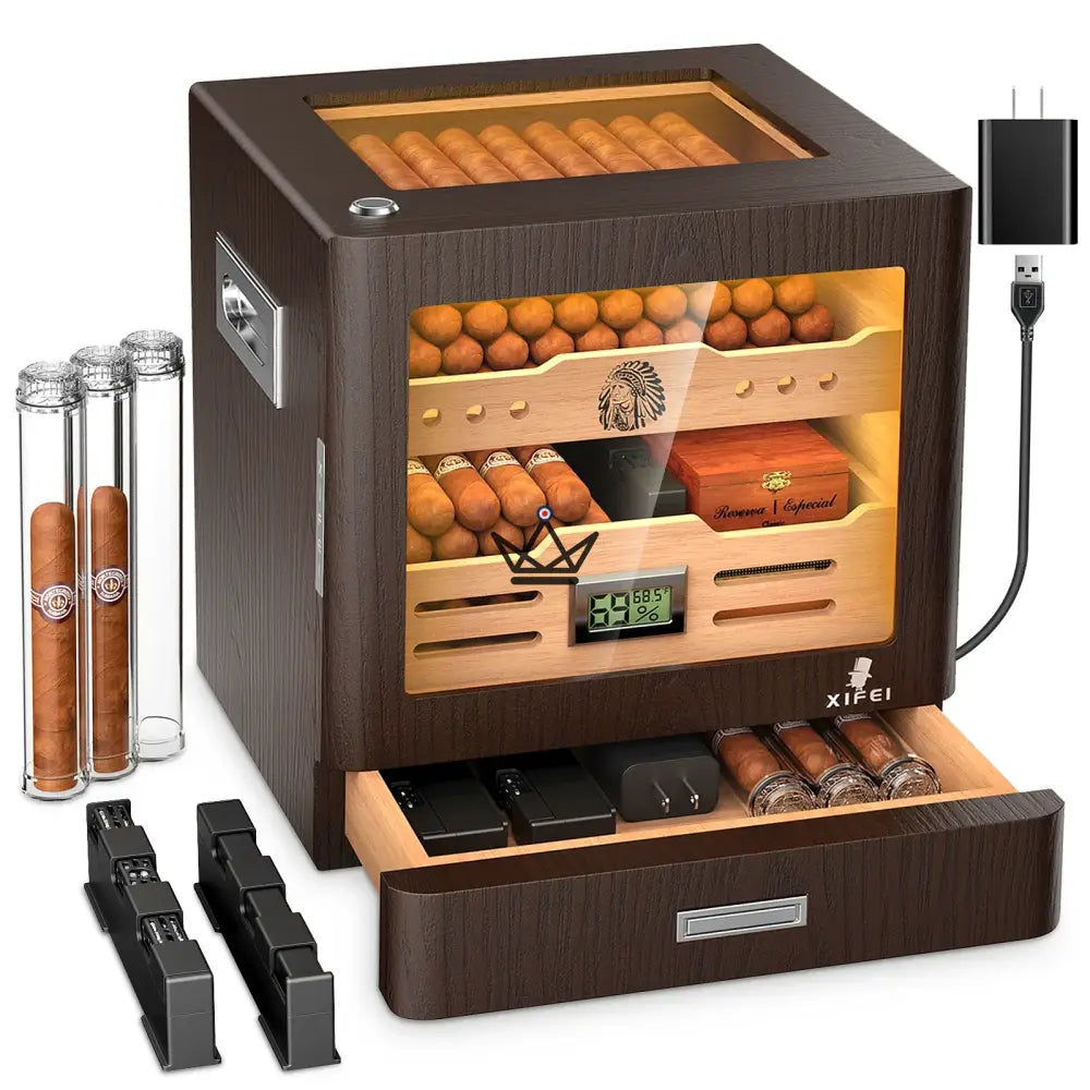 Dominion Legacy Cigar Humidor — Spanish Cedar, Glass Front, 3-Color Touch LED, 100-Cigar Capacity, Digital Hygrometer & 2 Gel Humidifiers — view 2