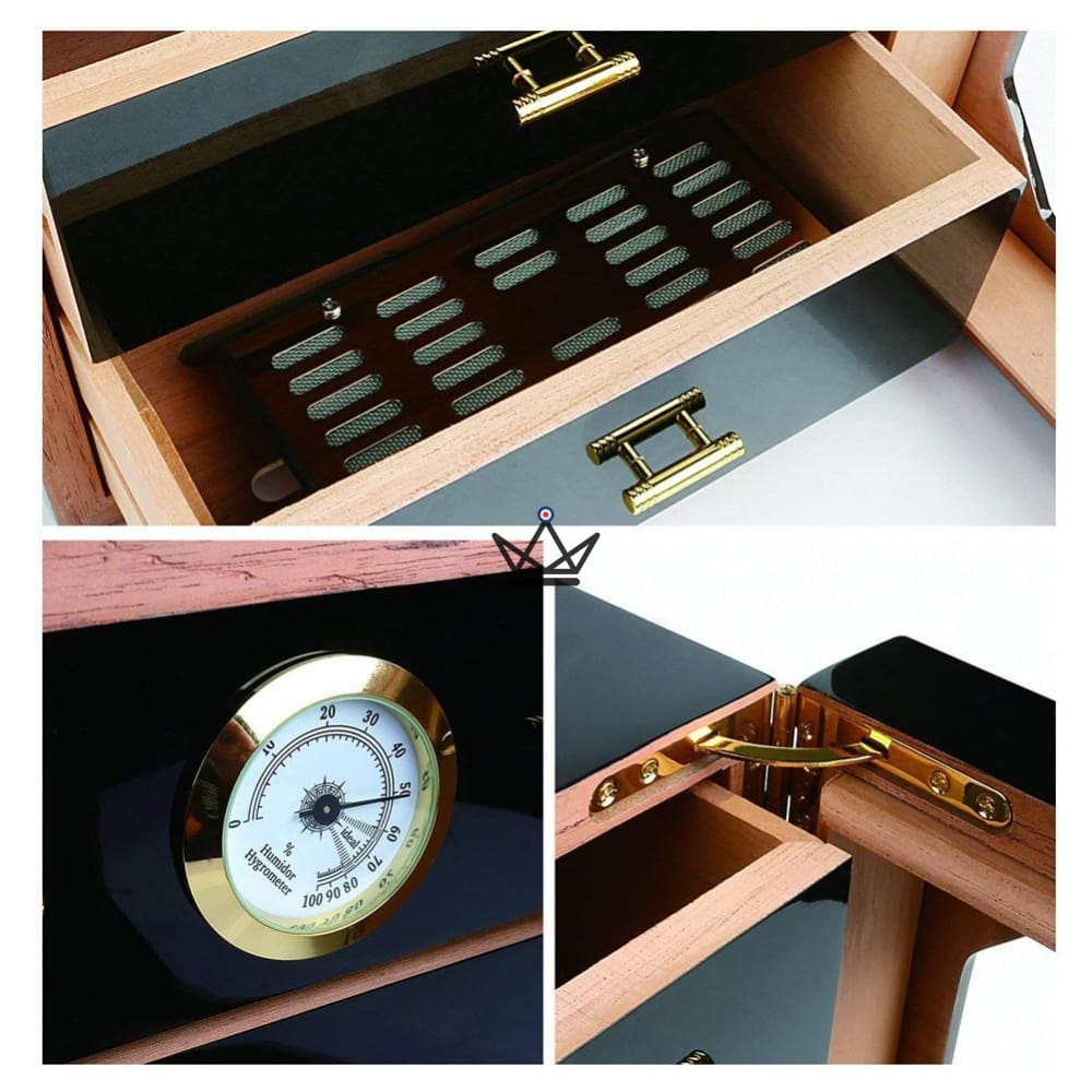 J.Hoover cigar humidor — black lacquer, glass door, Spanish cedar, 3 drawers, hygrometer, 80 cigars — view 7