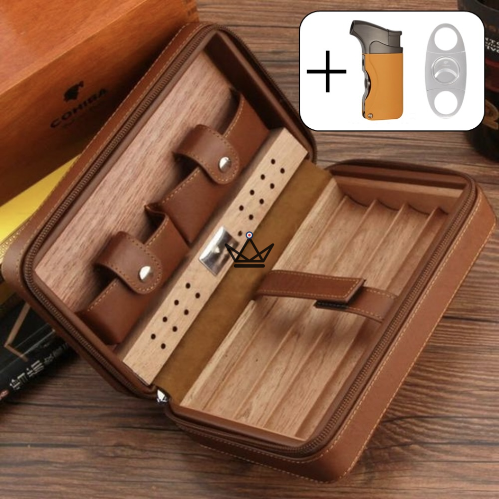Leather & Cedar Travel Humidor — 5 Cigars | Prime Style — Brown / Vargas Yellow