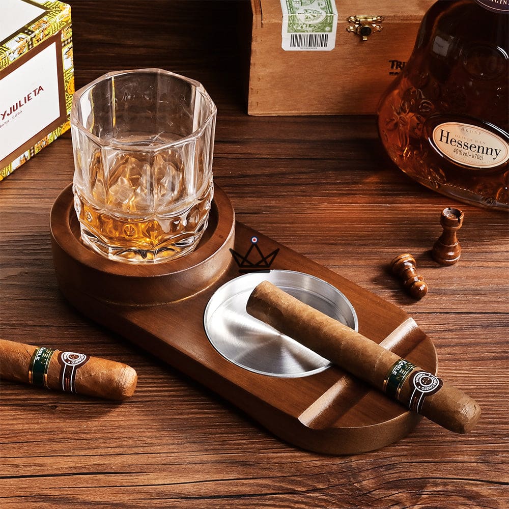 Whiskey Wood Ashtray — wood & aluminum, whiskey glass holder & cigar compartment — view 3