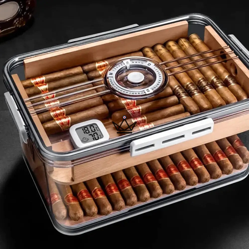 Humidor CRYSTAL TIME – Acryl transparent, Digital-Timer, 30 / 60 / 100 Zigarren, Zedernholz-Tablett (Version 100) – Ansicht 4