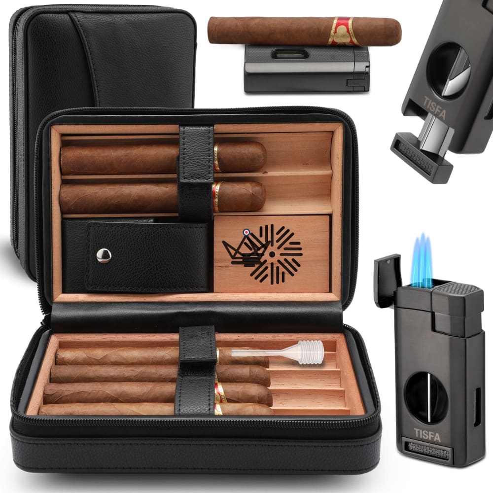 Leather Travel Humidor Pack + Lighter - TISFA STYLE — Black / STYLE