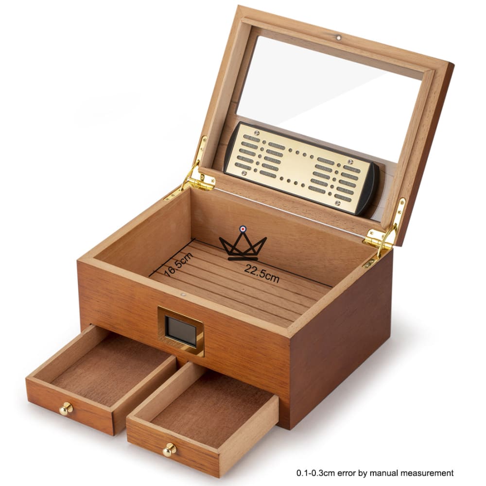 Zigarrenhumidor DUNE — massives spanisches Zedernholz, Glasplatte, 2 Frontschubladen, digitales Hygrometer, 50 Zigarren – Ansicht 8