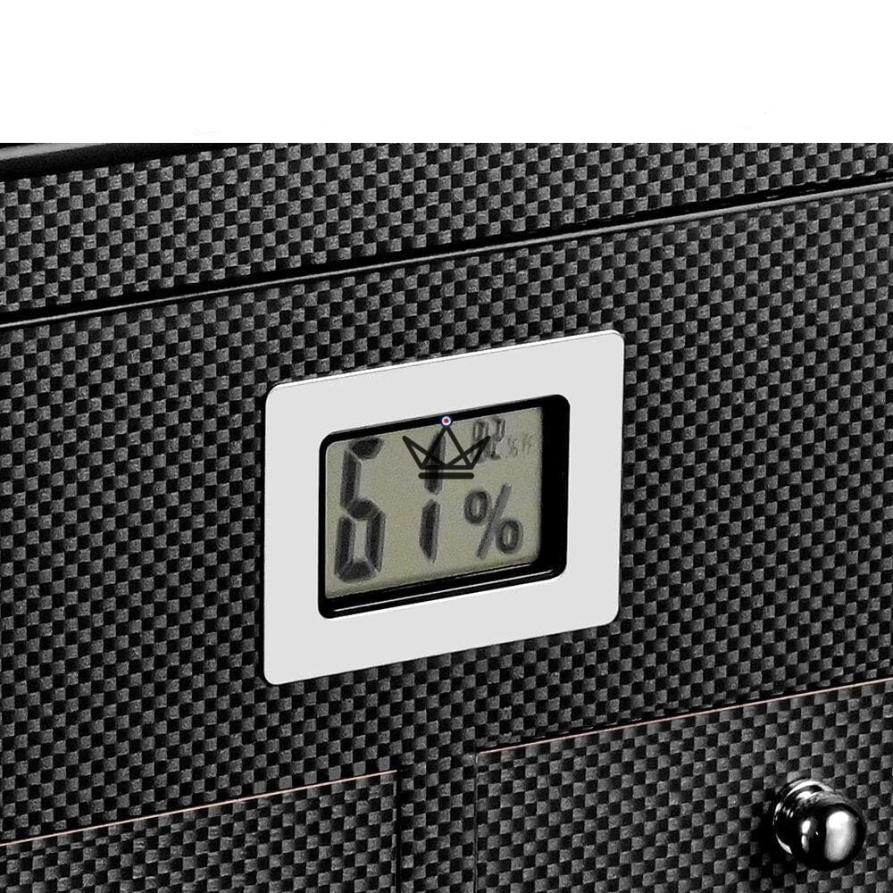 Humidor DUNE PRESTIGE — spanisches Zedernholz, Glasdeckel, 2 Schubladen, Digitalhygrometer, 60 Zigarren · Carbon oder Palisander – Ansicht 6